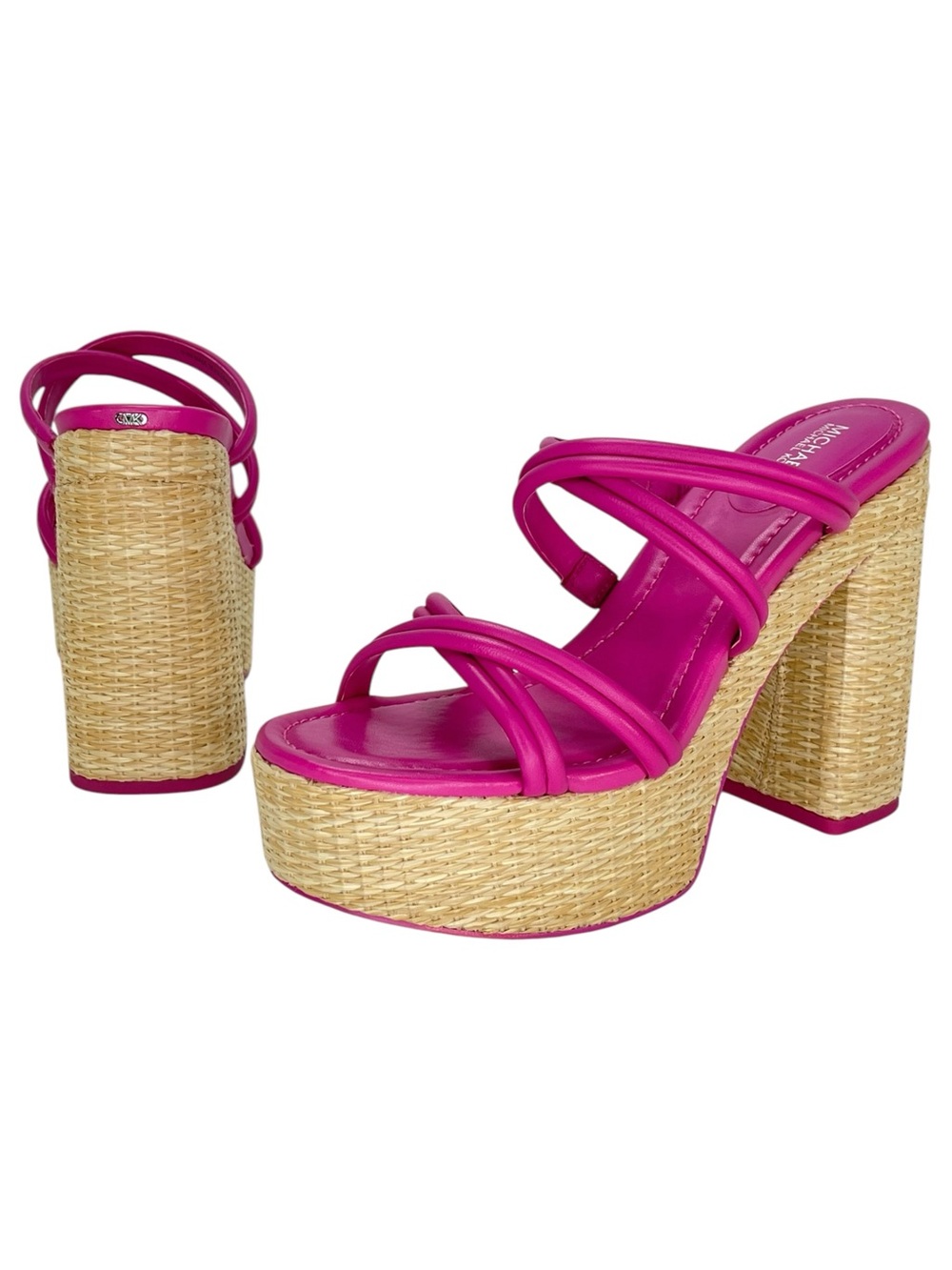 Michael Kors Corrine Pink Leather Raffia Womens Platform Sandals Size 7.5M - Picture 9 of 12